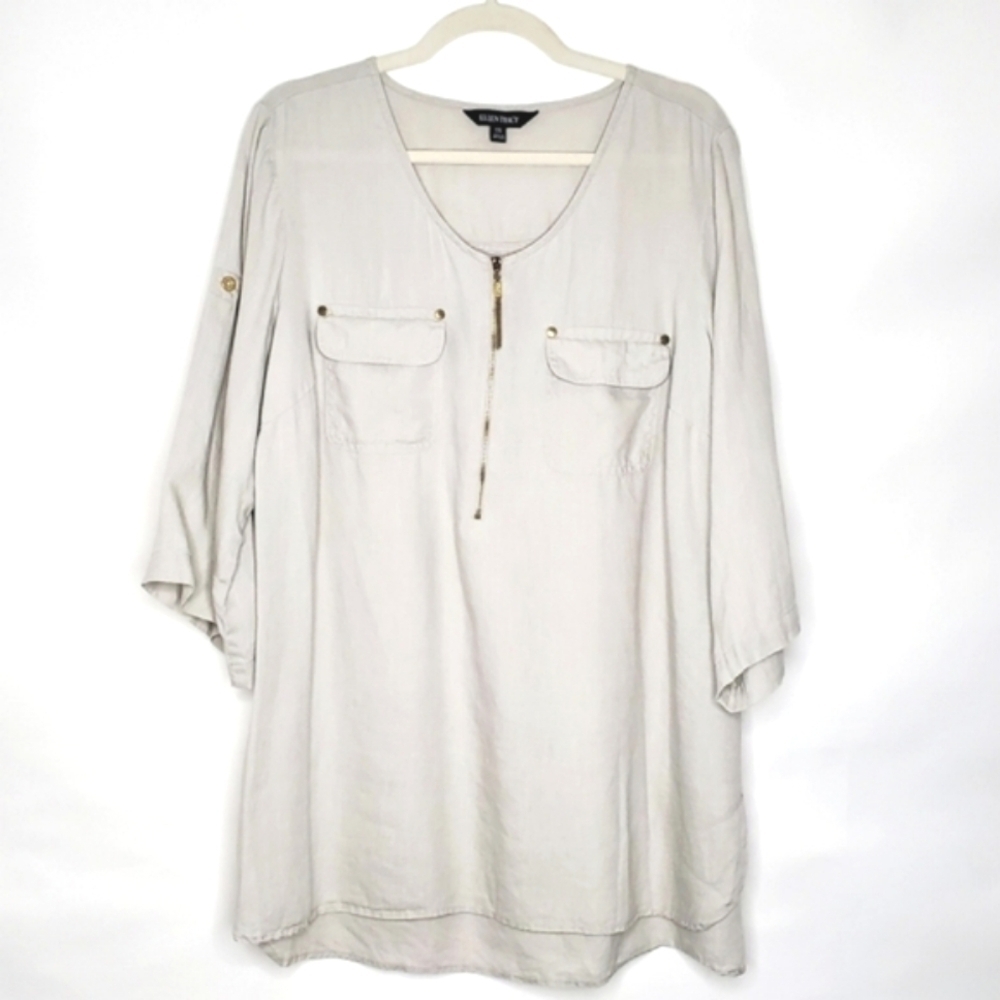 Plus Size LINEN Zip Front Shirt 1X Pockets Roll Tab Sleeve Casual Top Office
